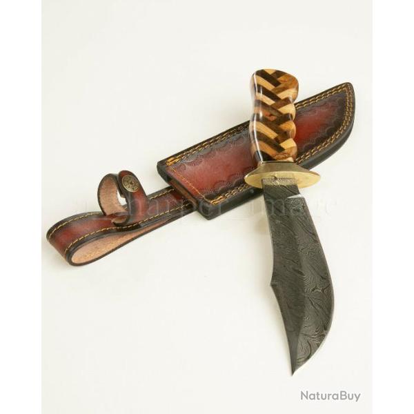 DM1220 Couteau de Chasse Damas 256 Couches Manche Bois Olivier/Noyer Etui Cuir