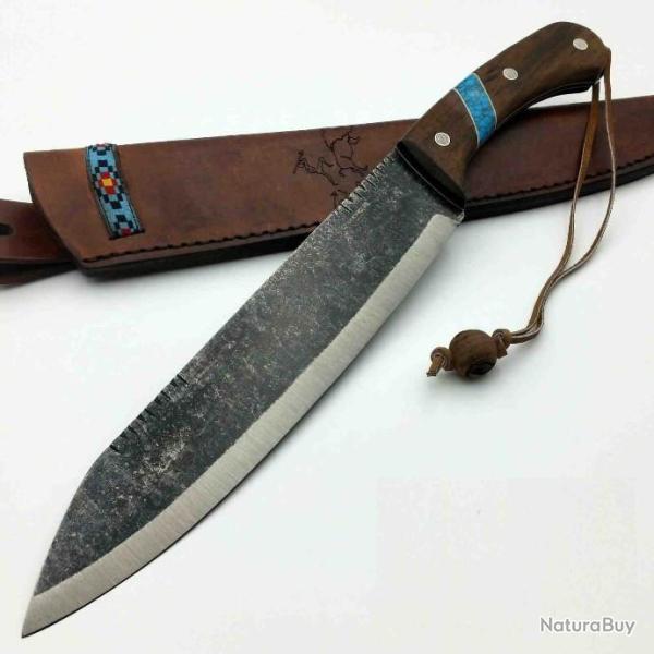 Couteau Condor Blue River Machete Lame Carbone 1075 Manche Bois/Turquoise Etui Cuir CTK282710HC