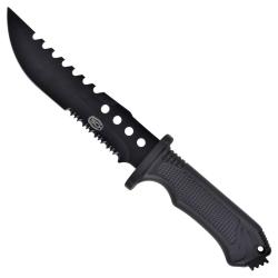 Couteau de chasse noir lame crant&eacute;e 18 cm avec &eacute;tui et allume-feu