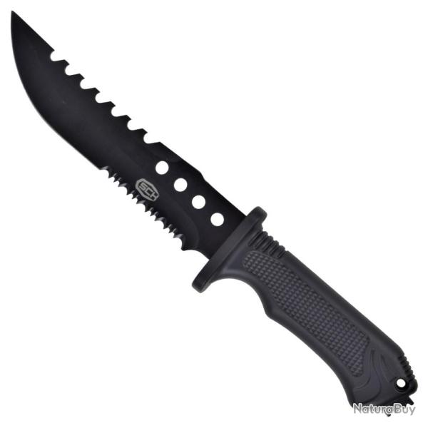 Couteau de chasse noir lame crant�e 18 cm avec �tui et allume-feu