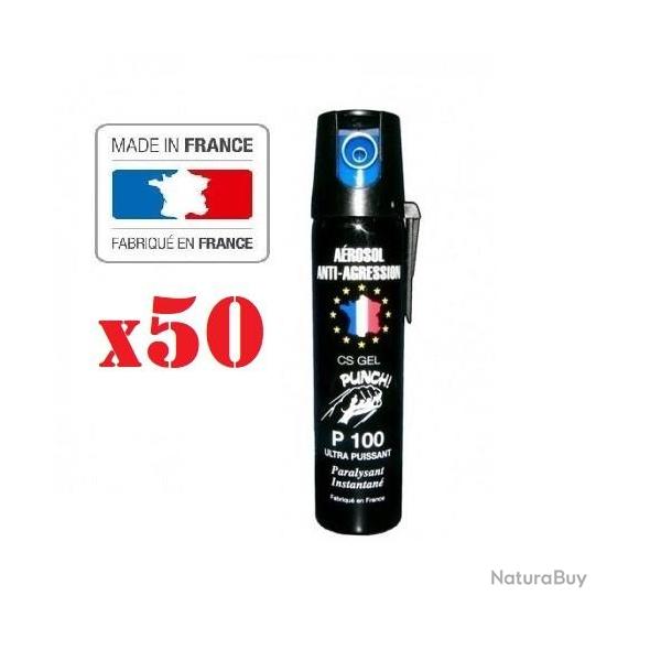 Lot 50 unit�s Bombe lacrymogene anti agression CS GEL PUNCH P100 75ml