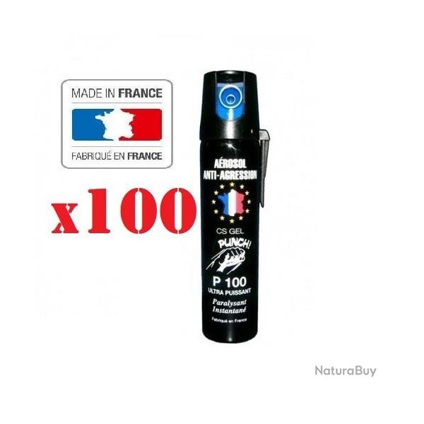 Lot 100 unit�s Bombe lacrymogene anti agression CS GEL PUNCH P100 75ml