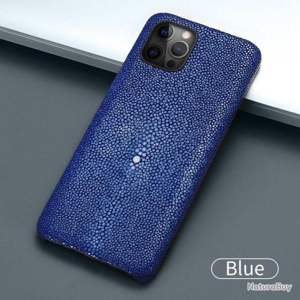 Coque Luxe iPhone Cuir Raie Stingray Galuchat, Couleur: Bleu, Smartphone: iPhone 11 Pro