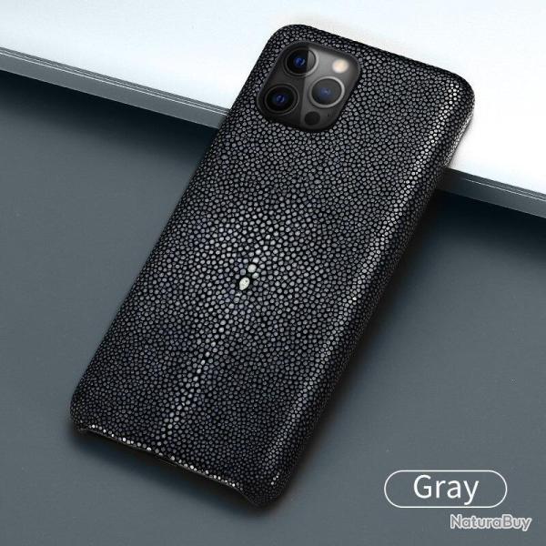 Coque Luxe iPhone Cuir Raie Stingray Galuchat-Gris-iPhone 11 20260729082509