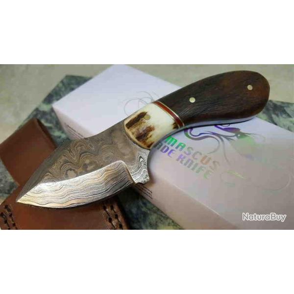 Couteau Skinner Damas Manche Corne/Bois Lame 256 Couches Etui Cuir DM1229