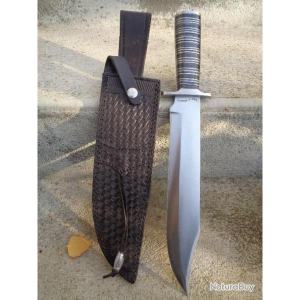 Couteau de Chasse Bowie de Trapeur Lame Acier Inox Manche Bois Etui Cuir Fox-N-Hound FH122