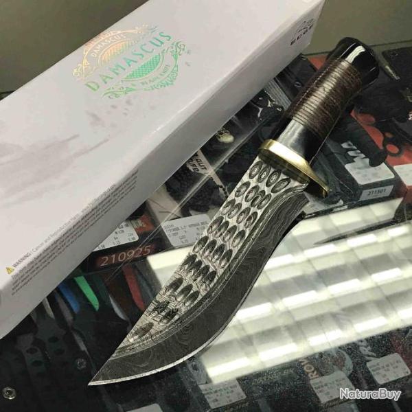 Couteau Bowie Damas Lame 256 Couches Manche Cuir & Corne Etui Cuir DM1227LR