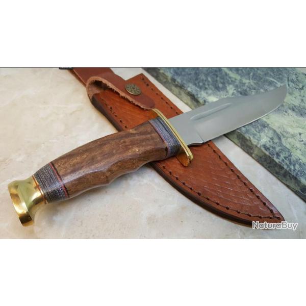 Couteau de Chasse Bowie Lame Acier Inox Manche Noyer Etui Cuir PA203412WD