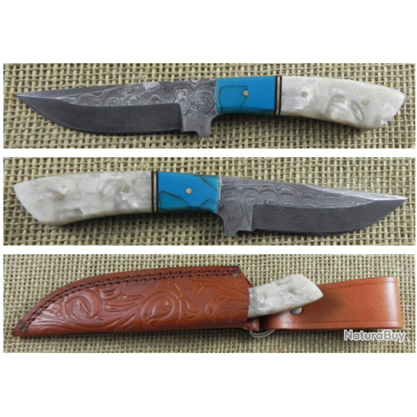 Couteau Bowie Damas Lame 256 Couches Manche Perle/Turquoise Etui Cuir DM1230