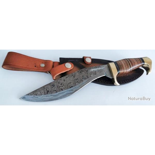 Couteau Kukri Damas Lame 256 Couches Manche Cuir Etui Cuir DM1232