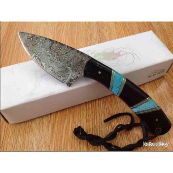 Couteau Skinner Damas Lame 256 Couches Manche Turquoise Etui Cuir DM1233BK