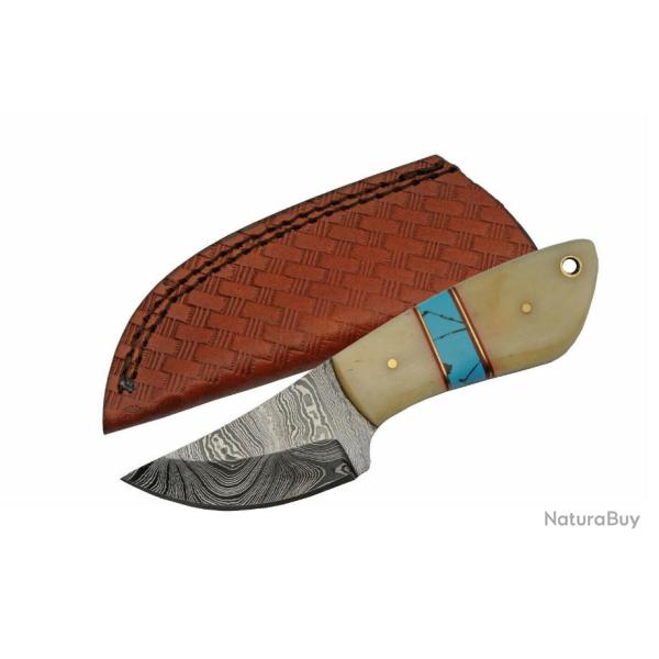 Couteau Skinner Damas Lame 256 Couches Manche Os & Turquoise Etui Cuir DM1238