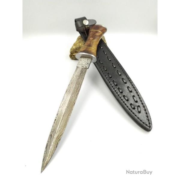 Dague Lame DAMAS a Double Tranchant Manche en Bois et Etui en Cuir DM124207S