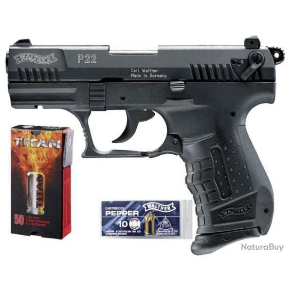 Pack Walther P22Q 9mm PAK Noir 50 MUNITIONS � blanc + 10 Munitions POIVRE ou CS P