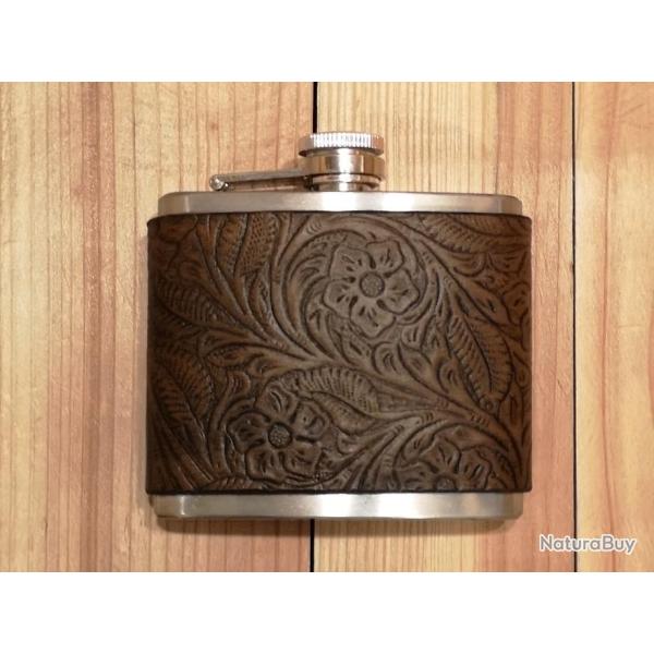 Id�e cadeau artisanal - flasque � alcool "Sheridan brown" en acier et cuir