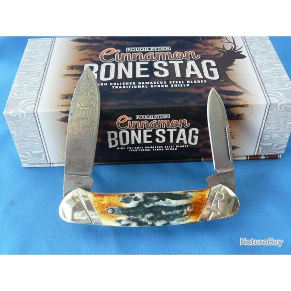 Couteau Damas 2 Lames Canoe Rough Ryder Copperhead Cinnamon Stag Manche Corne RR2156
