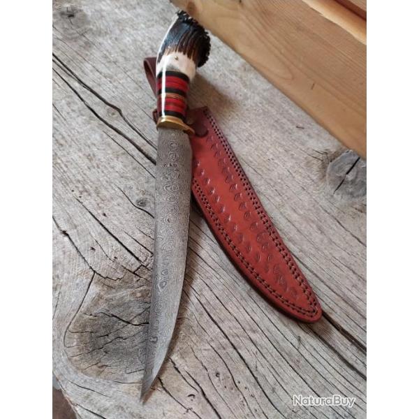 Poignard Bowie Damas  lame 256 couche Manche en de Cerf Etui en Cuir DM105907AA