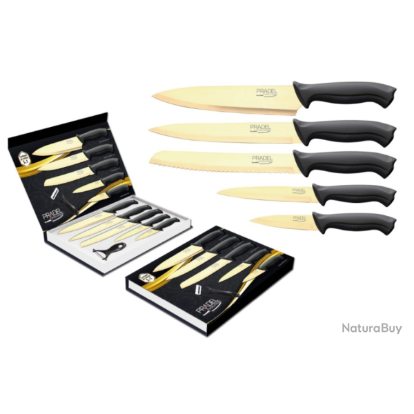 Coffret couteaux PRADEL DE 5 CTX + PLUCHEUR / LAME REVTEMENT TITANE DOR 824107