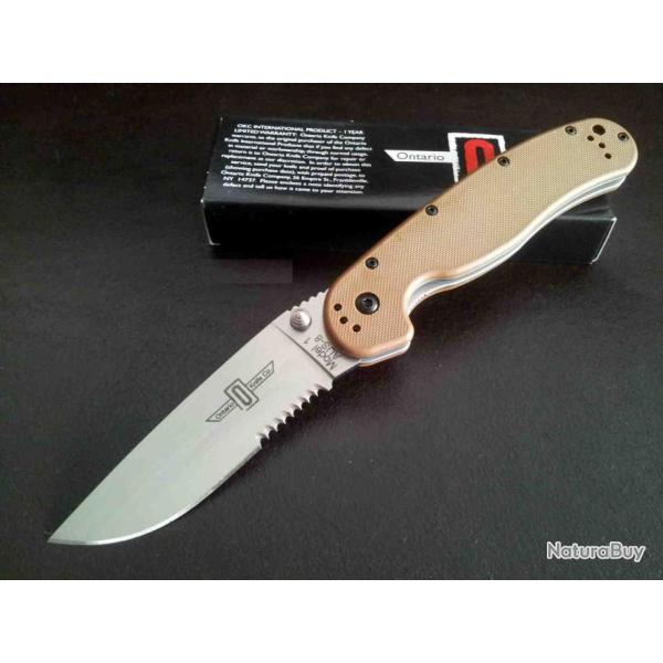Couteau Ontario RAT 1 Tactical Manche Coyote brown Lame Combo Acier AUS-8 ON8849CB