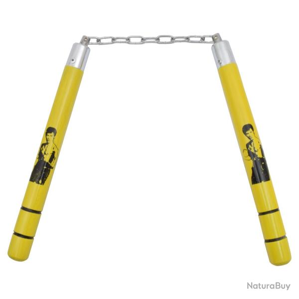 Nunchaku  en bois massif  dcor Bruce Lee // couleur Or    (roulement  billes )