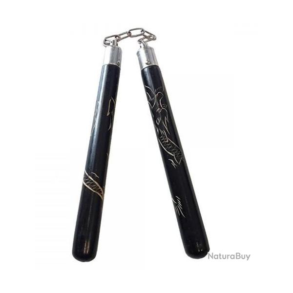 Nunchaku  en bois massif / noir decor  dragon pyrograv      (roulement  billes )