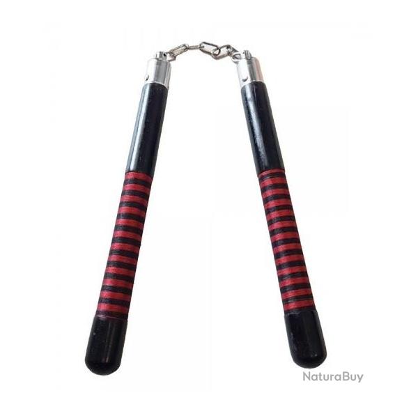 Nunchaku  en bois massif / noir decor  corde rouge et noir    (roulement  billes )
