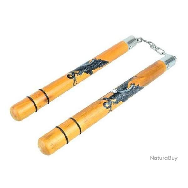 Nunchaku  en bois massif  teint /  dcor aigle et serpent     (roulement  billes )