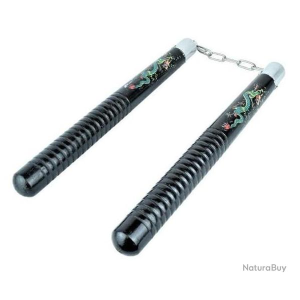 Nunchaku  en bois massif  noir /  dcor Dragon vert    (roulement  billes )