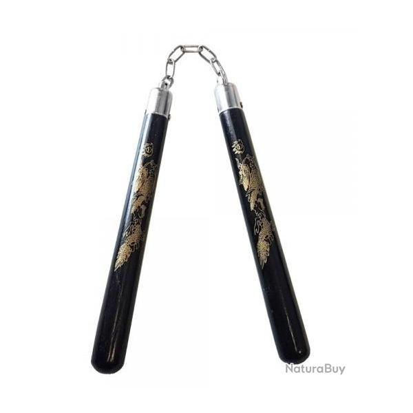 Nunchaku  en bois massif  noir motif japonais    (roulement  billes )