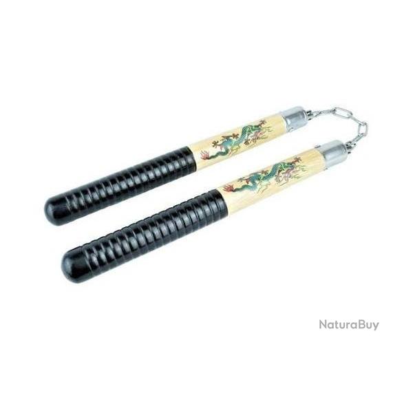 Nunchaku  en bois massif  bicolor dcor dragon   (roulement  billes )