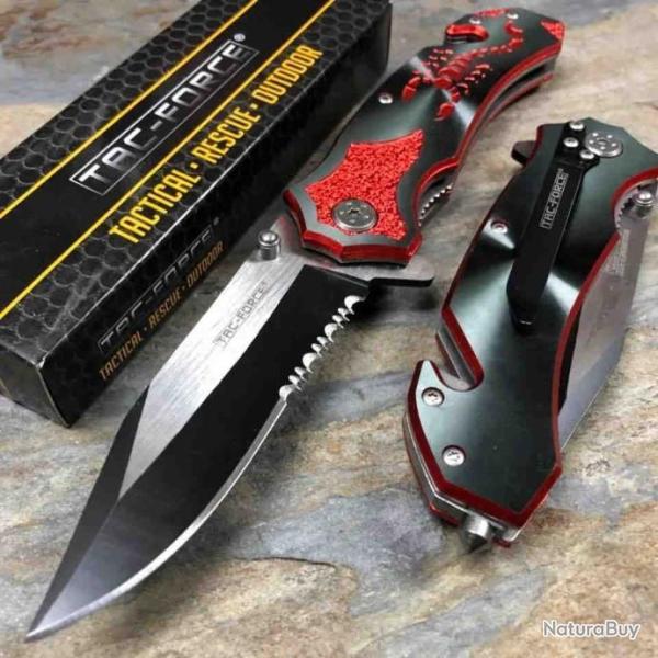Couteau Tac Force Scorpion Rescue A/O Lame Acier Inox Manche Alu Red Clip TF692BR