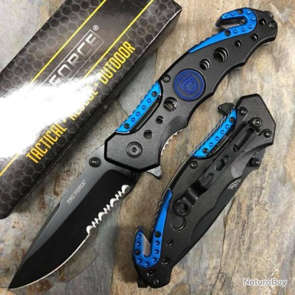 Couteau Tac Force Police A/O Manche Blue/Black Coupe Ceintures Brise Vitres TF723BL