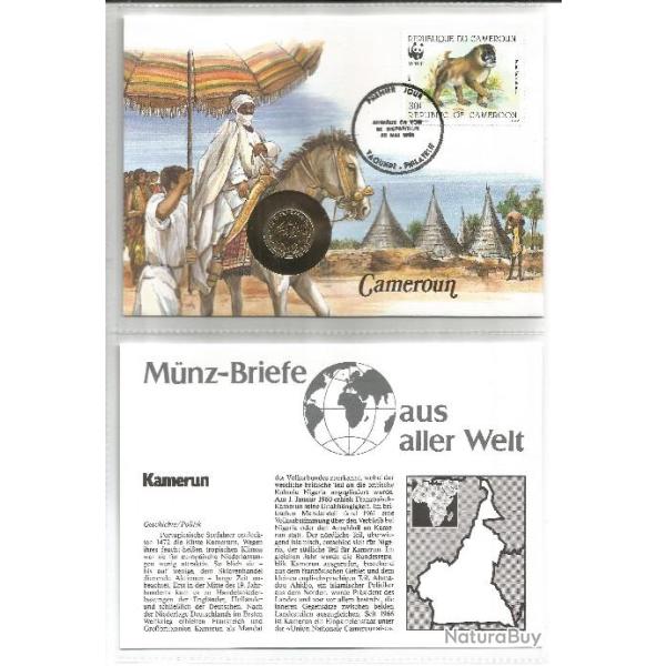 Enveloppe 1er jour 25 mai 1988 WWF Cameroun & pice 5F CFA 1983 + fiche pays