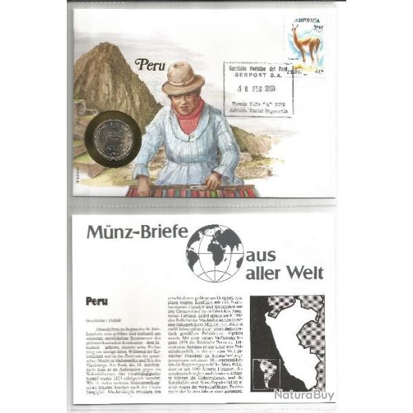 Enveloppe commmorative pruvienne Macchu Picchu  18 fvrier 2000 & pice 5 Intis 1987 + fiche pays