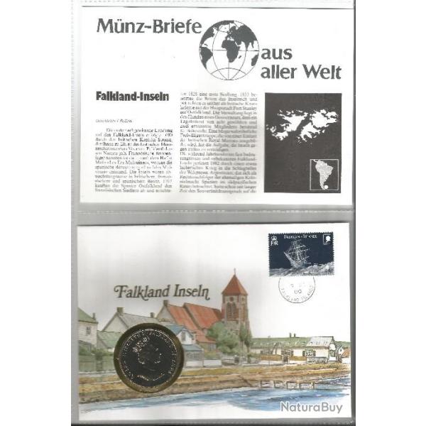 Enveloppe commmorative des les Malouines du 9 aot 2000 & pice 50 Pences de 1993 + fiche pays