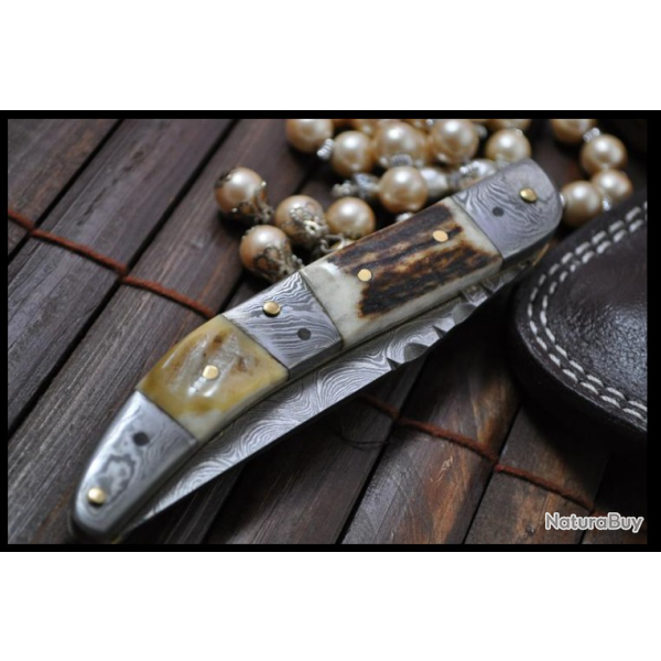 Couteau pliant Damas & bois de cerf (4)