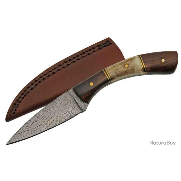 Couteau Damas Skinner Curved Lame 256 Couches Manche Cerf� Etui Cuir DM1268