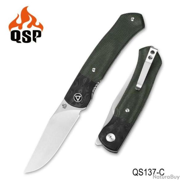 Couteau QSP Gannet Green Manche FCarbone/Micarta Lame 154CM Ball Bearing Linerlock QS137C