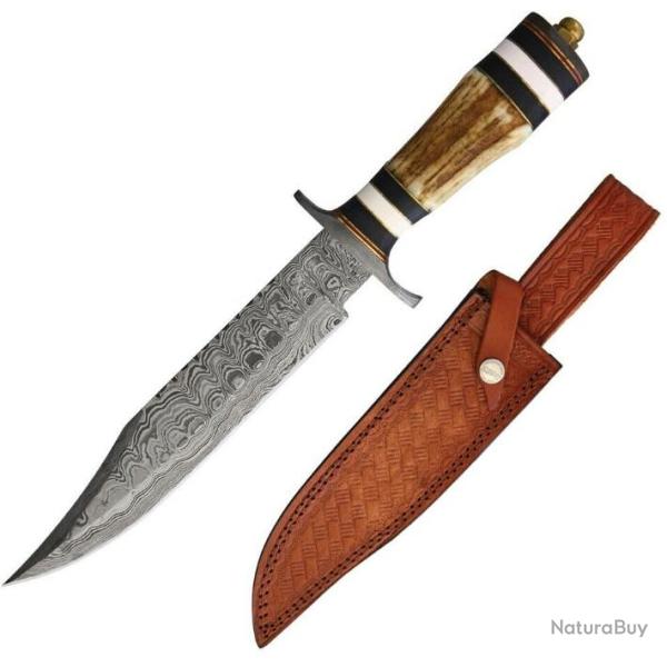 Couteau Bowie Damas 256 Couches Manche Bois Chevreuil Etui Cuir Marbles MR571