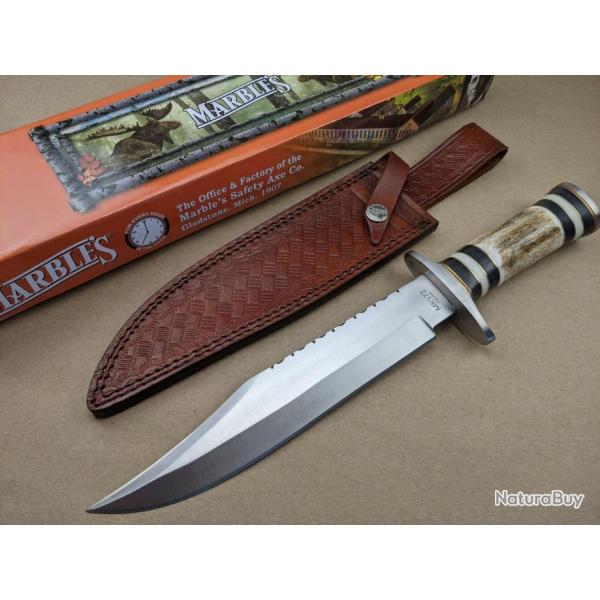 Couteau Bowie Manche Bois Chevreuil Lame Acier Inox Etui Cuir Marbles MR572