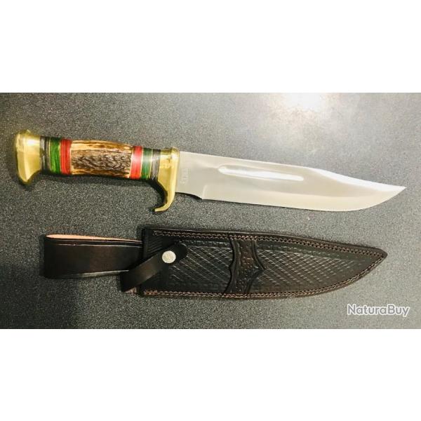 Couteau Bowie Manche Bois Chevreuil Lame Acier Inox Etui Cuir Marbles MR574