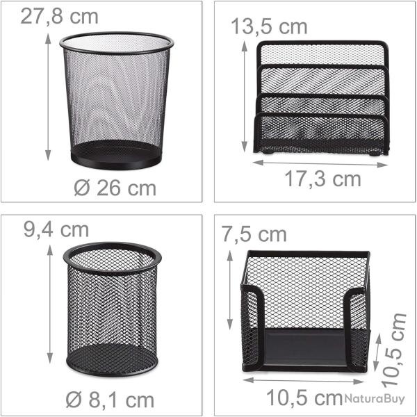 Set 4 fournitures bureau mtal organiseur trieur  courrier bloc notes pot  crayon corbeille papie