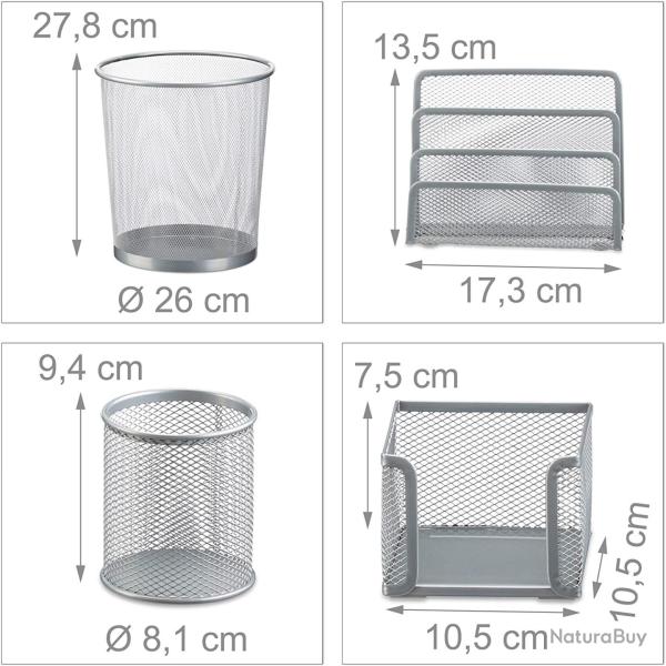 Set 4 fournitures bureau mtal organiseur trieur  courrier bloc notes pot  crayon corbeille papie