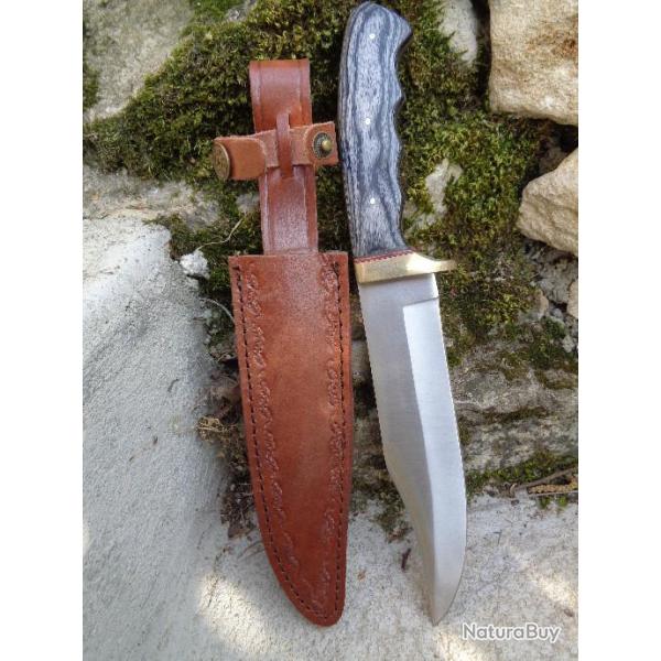 Bowie Couteau de Chasse Survie Lame Acier Carbone 1055 Manche Bois Etui Cuir PA203421BK