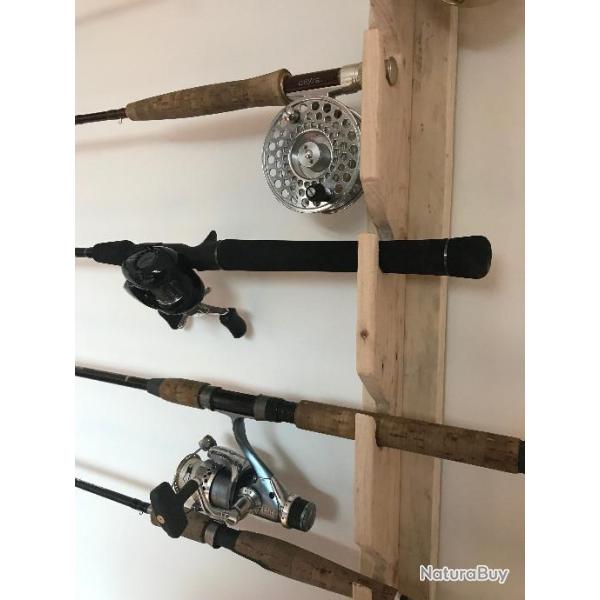 Support ratelier horizontal mural 5 cannes � p�che en bois de palette - cr�ation unique
