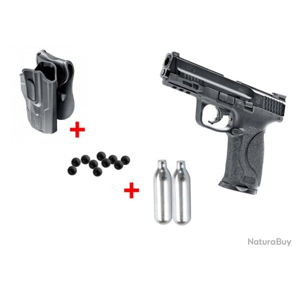 Pack DEFENSE SMITH & WESSON M&P9 M2.0 T4E CAL 0.43 CO2 BLACK 8 COUPS UMAREX + HOLSTER + BILLES + Co�