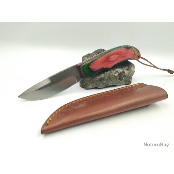 Couteau Artisanale Lame Acier Carbone A partir d'une Scie Manche Bois Etui Cuir SM407N