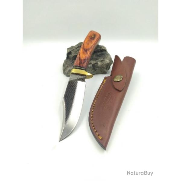 Couteau de Chasse Bushcraft  Fabrication Artisanale Avec Une Lime Manche Bois Etui Cuir