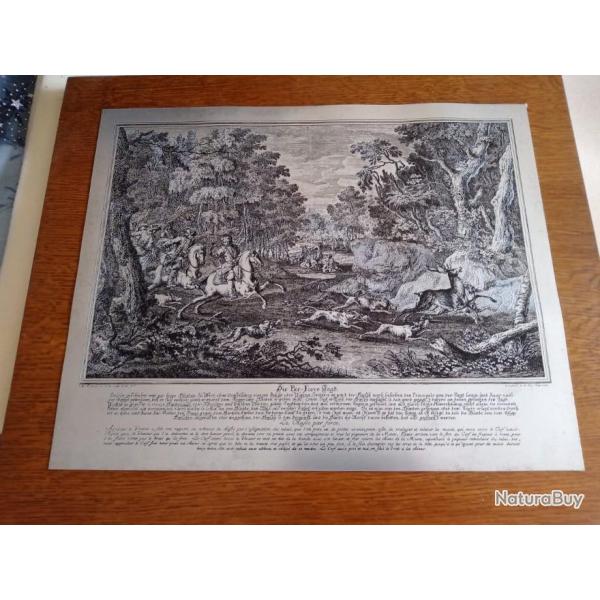 Gravure sur plaque de scne de chasse sur plaque de bois