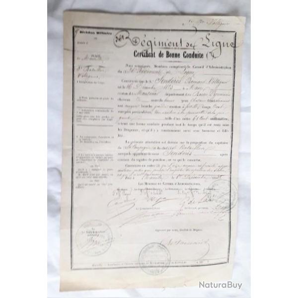 Certificat bonne conduite 1852 36�ligne